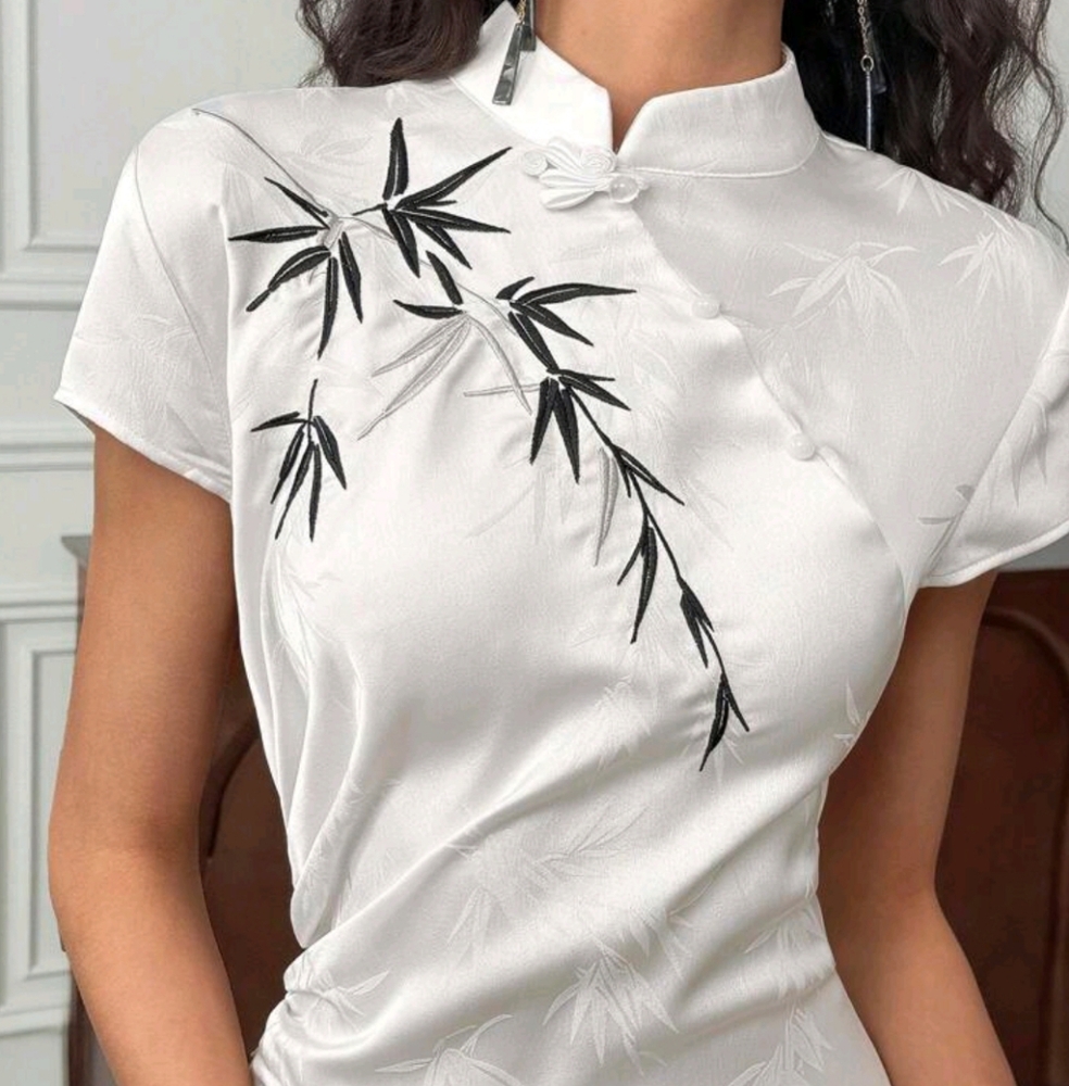 Women's Plant Printed Button Down Short Sleeve Mid-Length Chines Style Dress - Picture 3 of 4